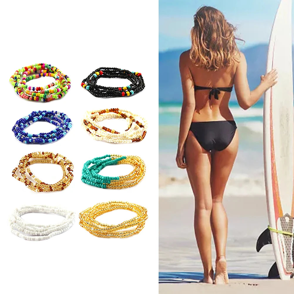 8pcs Colorful Waist Bead Chain Glass Elastic Set Women Belly Bracelet Anklet
