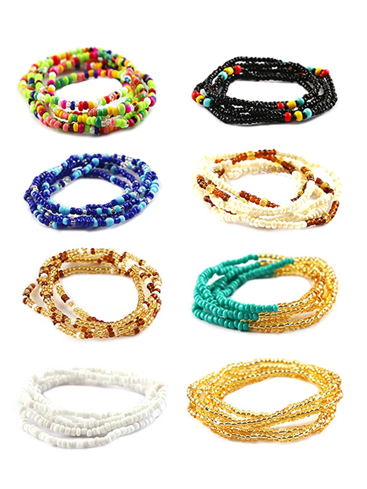 8pcs Colorful Waist Bead Chain Glass Elastic Set Women Belly Bracelet Anklet