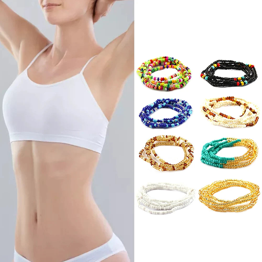 8pcs Colorful Waist Bead Chain Glass Elastic Set Women Belly Bracelet Anklet