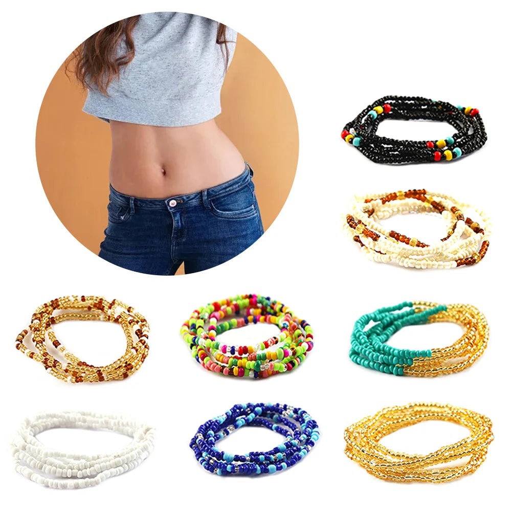 8pcs Colorful Waist Bead Chain Glass Elastic Set Women Belly Bracelet Anklet