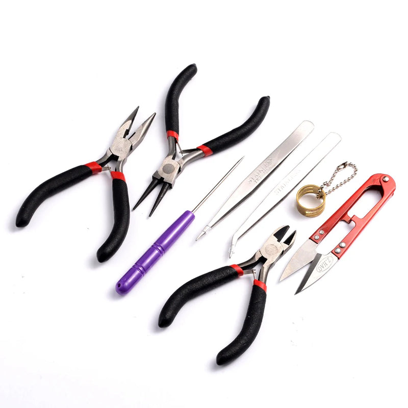 8pc DIY Jewelry Tool Set - Side Cutter, Round Nose Plier, Beading Tweezers