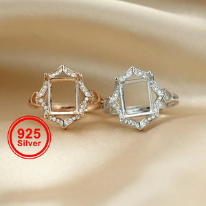 8x10MM Rose Silver CZ Rectangle Bezel Adjustable Ring Setting
