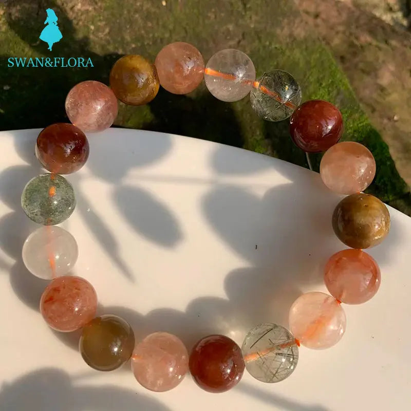 Natural Colorful Rutilated Quartz Bracelet Crystal Gift Woman Round Beads