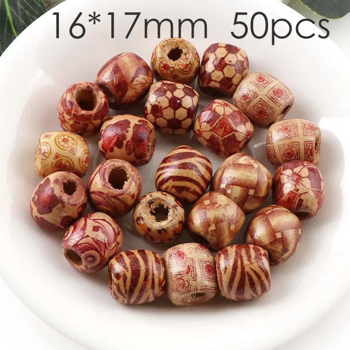 Natural Wood Round&Drum Pattern Beads for DIY Necklace Making