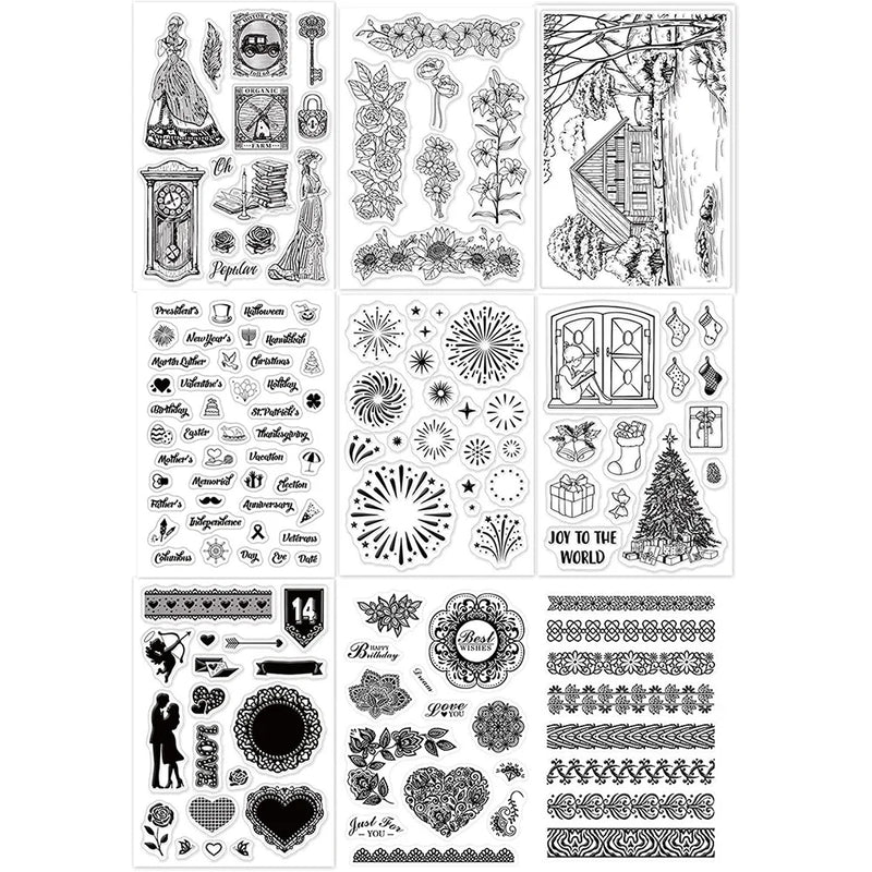 9 Sheets Mixed Silicone Clear Stamps Set for DIY Scrapbook Winter Christmas
