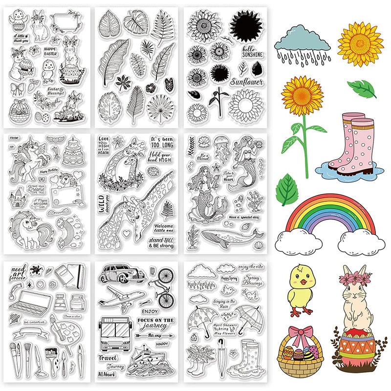 9 Sheets Mixed Theme Silicone Clear Stamps for DIY Scrapbook Card Making