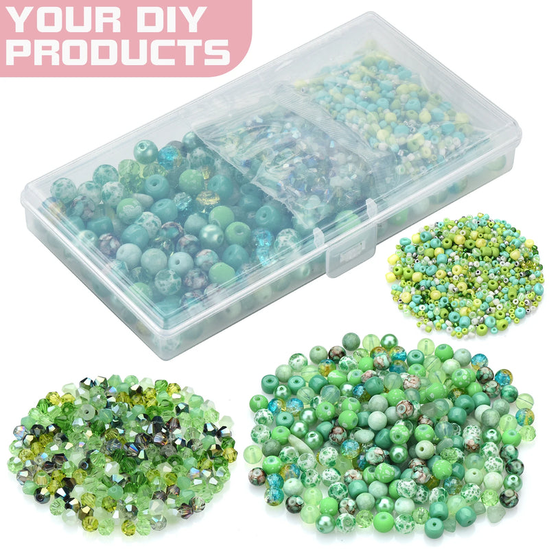 900pcs Green Glass Beads Jewelry Making Kit 8mm Round Beads 4mm Bicone Crystal