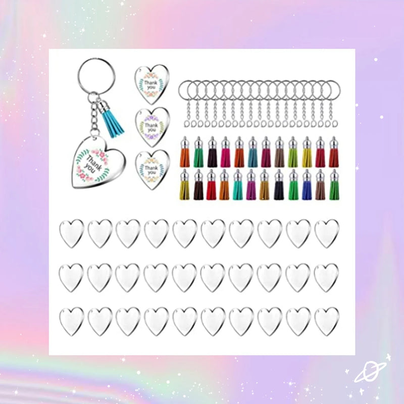 90Pcs Acrylic Heart Keychain Blanks with Tassel Key Rings for DIY Crafts