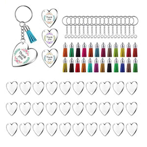 90Pcs Clear Heart Keychain Blanks and Tassel Key Rings for DIY Crafts