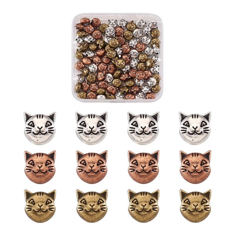 90Pcs Tibetan Style Cat Head Spacer Beads 8x8mm
