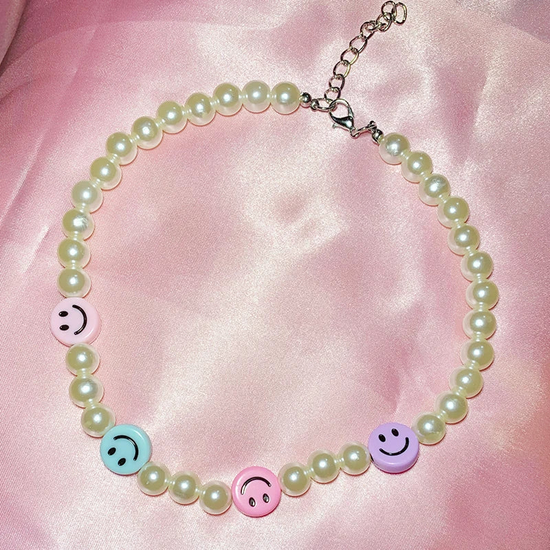Vintage Pearl Rainbow Smiley Necklace Y2K Jewelry