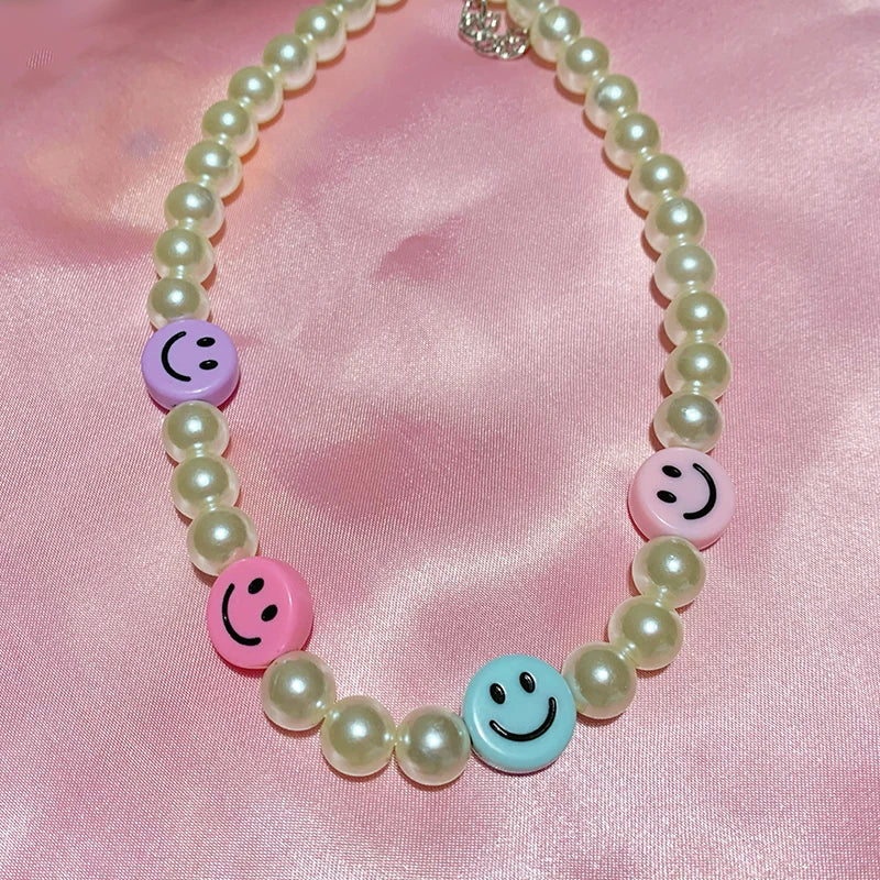 Vintage Pearl Rainbow Smiley Necklace Y2K Jewelry