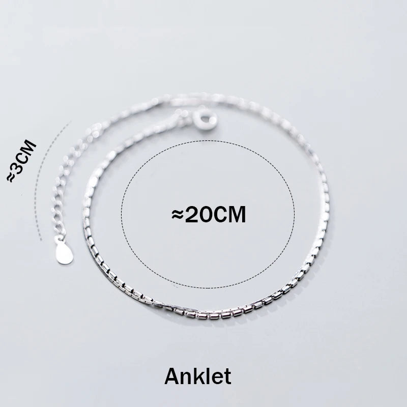 925 Anklet Women Sterling Silver Female Geometric Bracelet Fine Chain