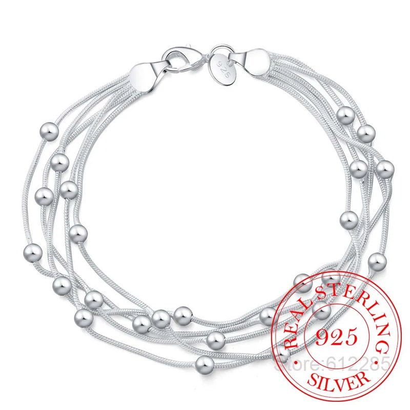 925 Silver Bracelet Five Line Beads Ball Bangle for Women