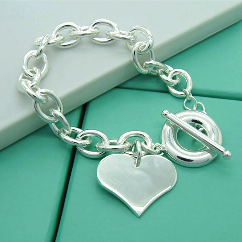 925 Silver Heart Pendant Bracelet Women Jewelry Party