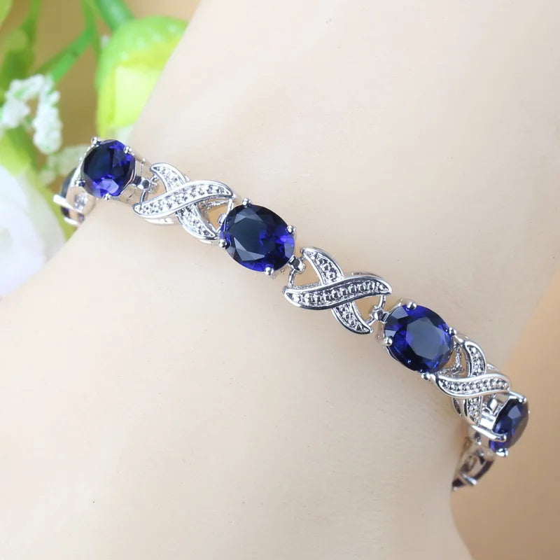925 Silver Bracelet Purple Stone CZ Crystal Bangle For Women Wedding