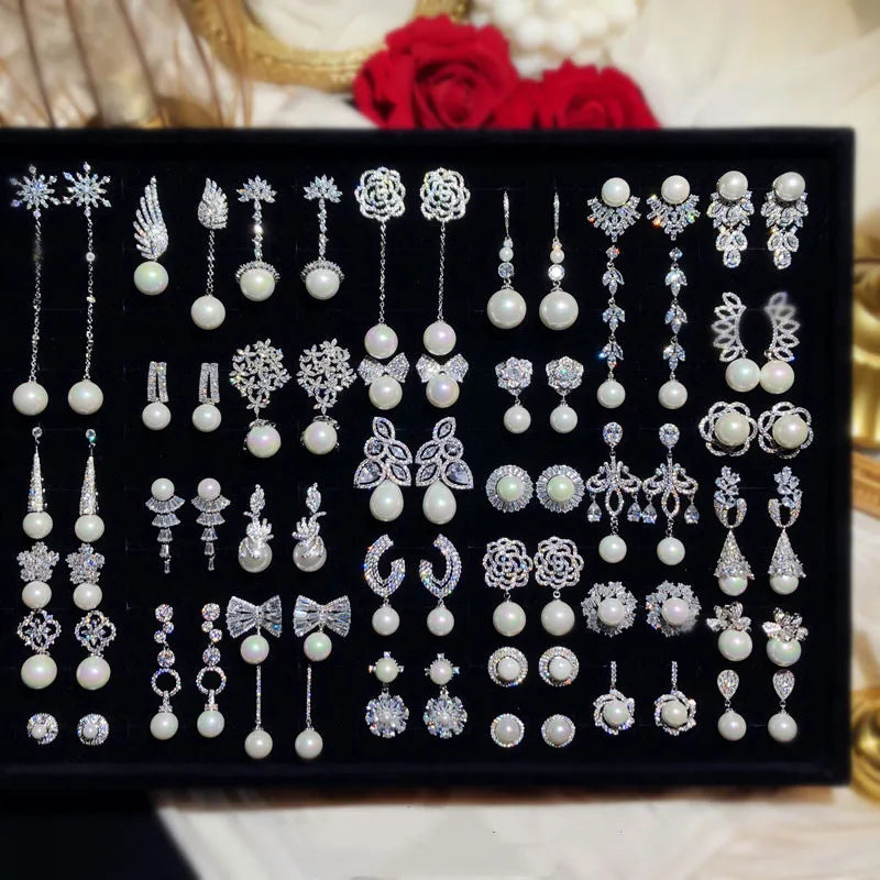 Vintage Pearls CZ Drop Earrings for Women