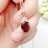 925 Ruby Oval Necklace Flower Pendant for Women