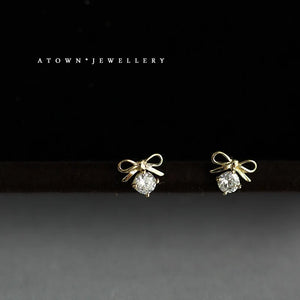 925 Real Money 14K Bow Knot Zircon Small Stud Earrings For Women