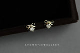 925 Real Money 14K Bow Knot Zircon Small Stud Earrings For Women