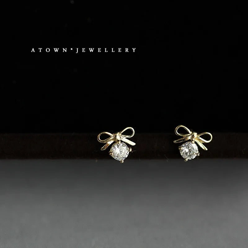 925 Real Money 14K Bow Knot Zircon Small Stud Earrings For Women