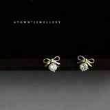 925 Real Money 14K Bow Knot Zircon Small Stud Earrings For Women