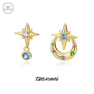 925 Silver Moon & Star Earrings Plated With Zircon
