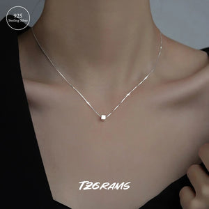 925 Real Silver Solid Cube Necklace For Women Minimalist Geometry Square Chain