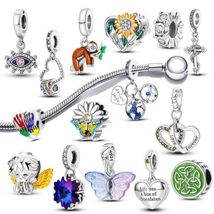 925 Silver Heart Charm Bracelet Beads Love Angel Cross For Women Jewelry DIY