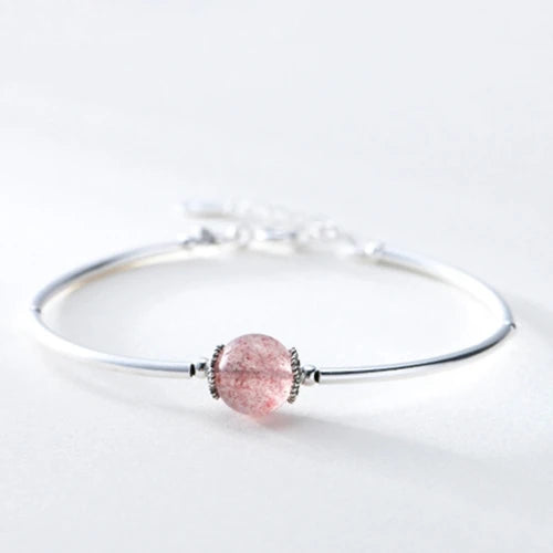 925 Silver Strawberry Quartz Pink Crystal Bead Charm Bracelet