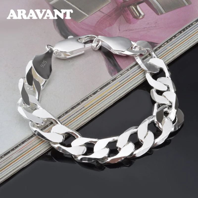 925 Silver 12MM Bracelet Chain Men Women Jewelry