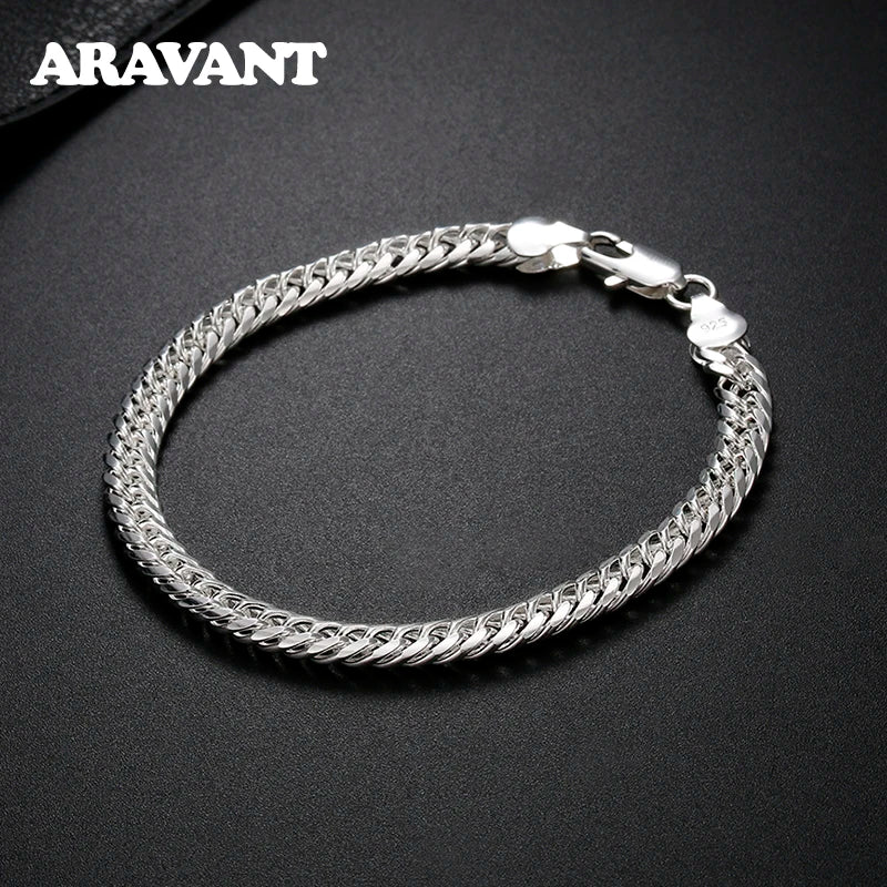 925 Silver 18K 6MM Sideways Bracelet Chain Men Women Jewelry