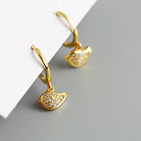 925 Silver 18k Plate Korea Small Animal Bird Pendant Zircon Earring