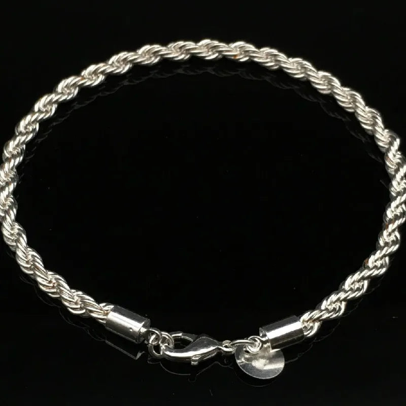 925 Silver Twisted Rope Bracelet Men Women 20cm*4mm