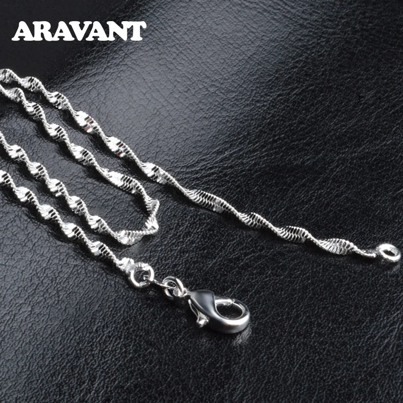 925 Silver 2MM Water Wave Chain Necklaces Women Girls Jewelry