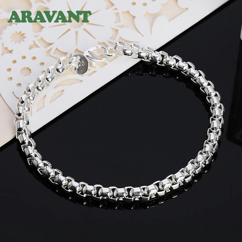 925 Silver 4MM Round Box Chain Charm Bracelet For Women Jewelry