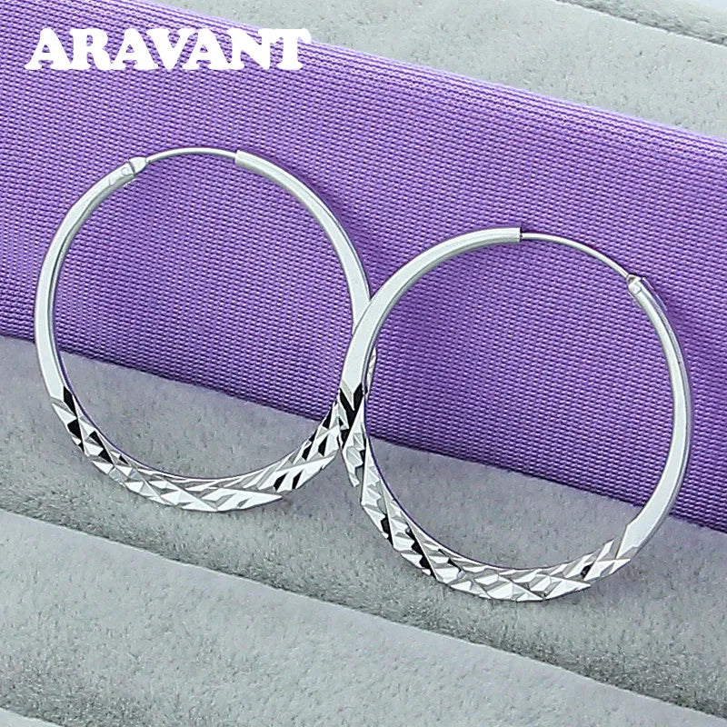 925 Silver 50MM Flat Circle Hoop Earrings Women Jewelry