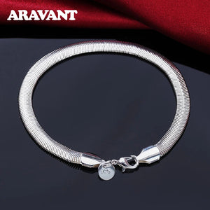 925 Silver 6MM Flat Snake Chain Bracelet Bangle Women Charm Jewelry
