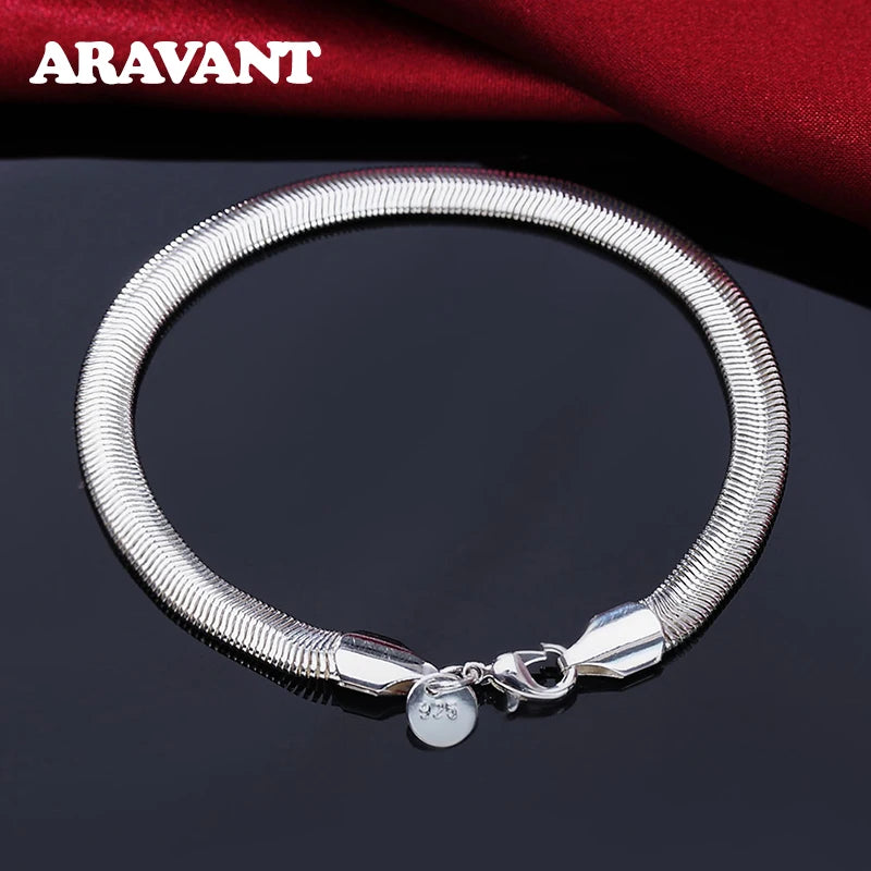 925 Silver 6MM Flat Snake Chain Bracelet Bangle Women Charm Jewelry