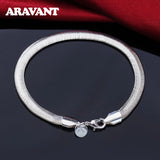 925 Silver 6MM Flat Snake Chain Bracelet Bangle Women Charm Jewelry