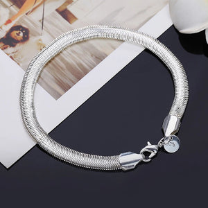 925 Silver 6MM Flat Snake Chain Bracelet Bangle Women Charm Jewelry
