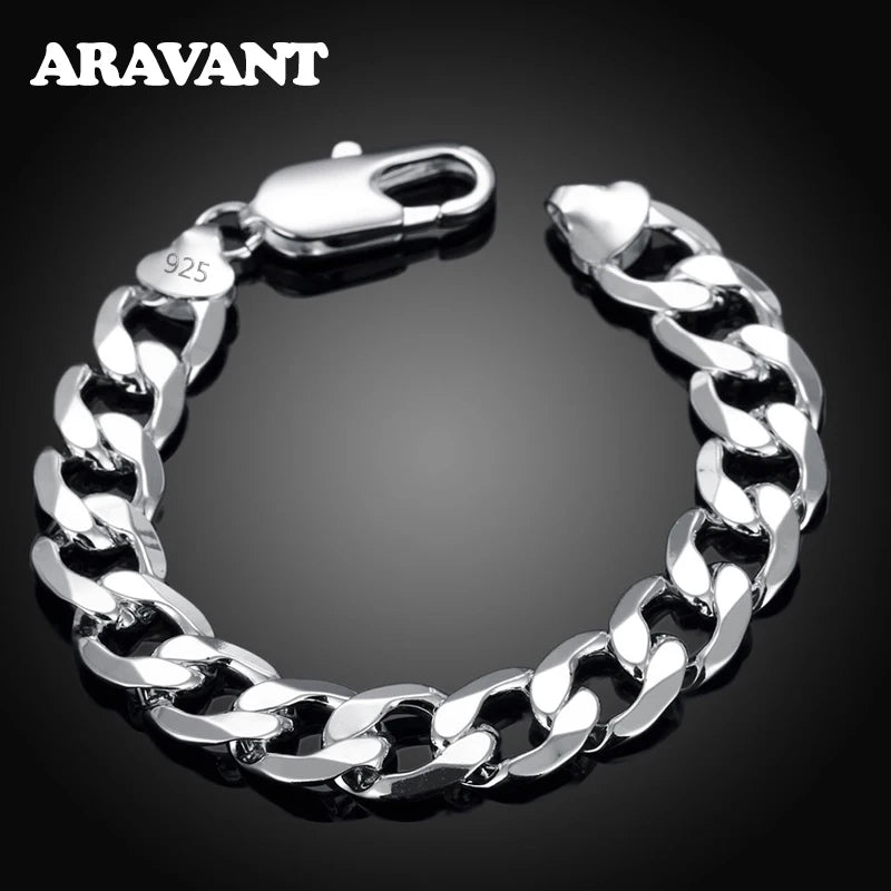 925 Silver Flat Sideways Bracelets Chains Men Jewelry