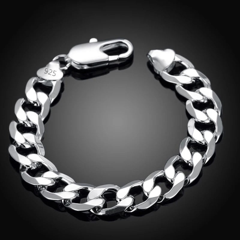 925 Silver Flat Sideways Bracelets Chains For Men Jewelry