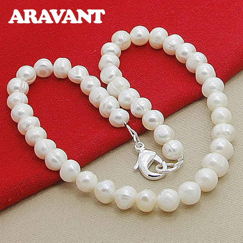 925 Silver 8MM Pearl Necklace Chain Women Jewelry