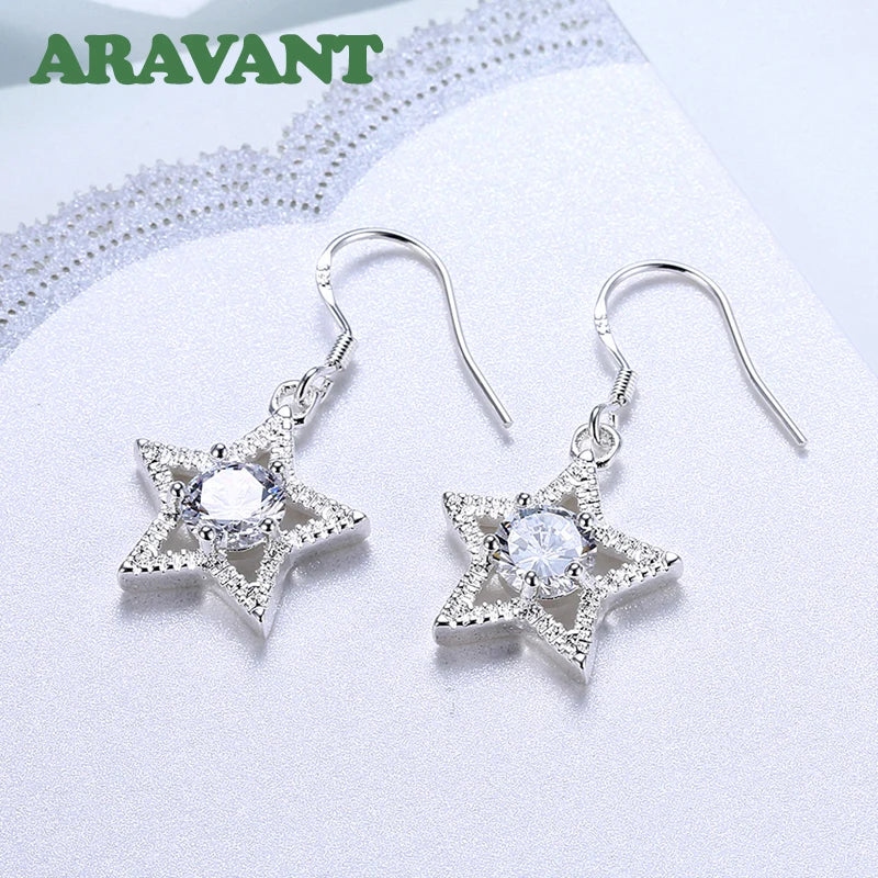 925 Silver Zircon Star Drop Earrings Wedding Jewelry