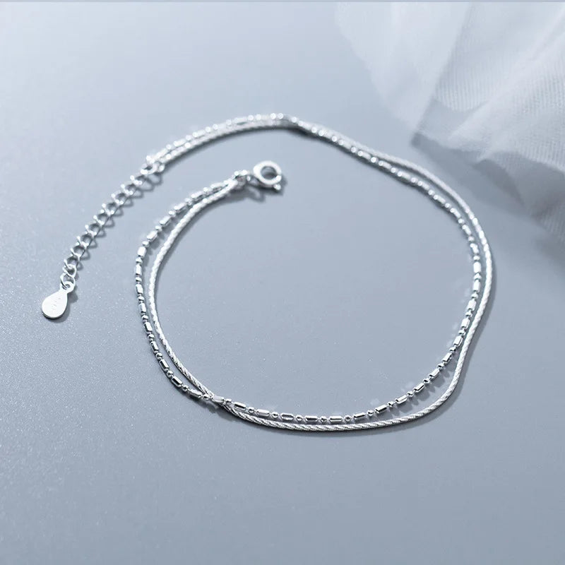 925 Silver Double Layer Anklet Chain Bracelet Bead Adjustable