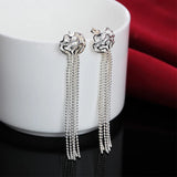 925 Silver Tassel Rose Flowers Dangle Earrings