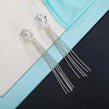 925 Silver Tassel Rose Flowers Dangle Earrings