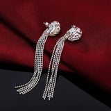 925 Silver Tassel Rose Flowers Dangle Earrings