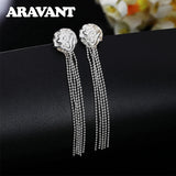 925 Silver Tassel Rose Flowers Dangle Earrings